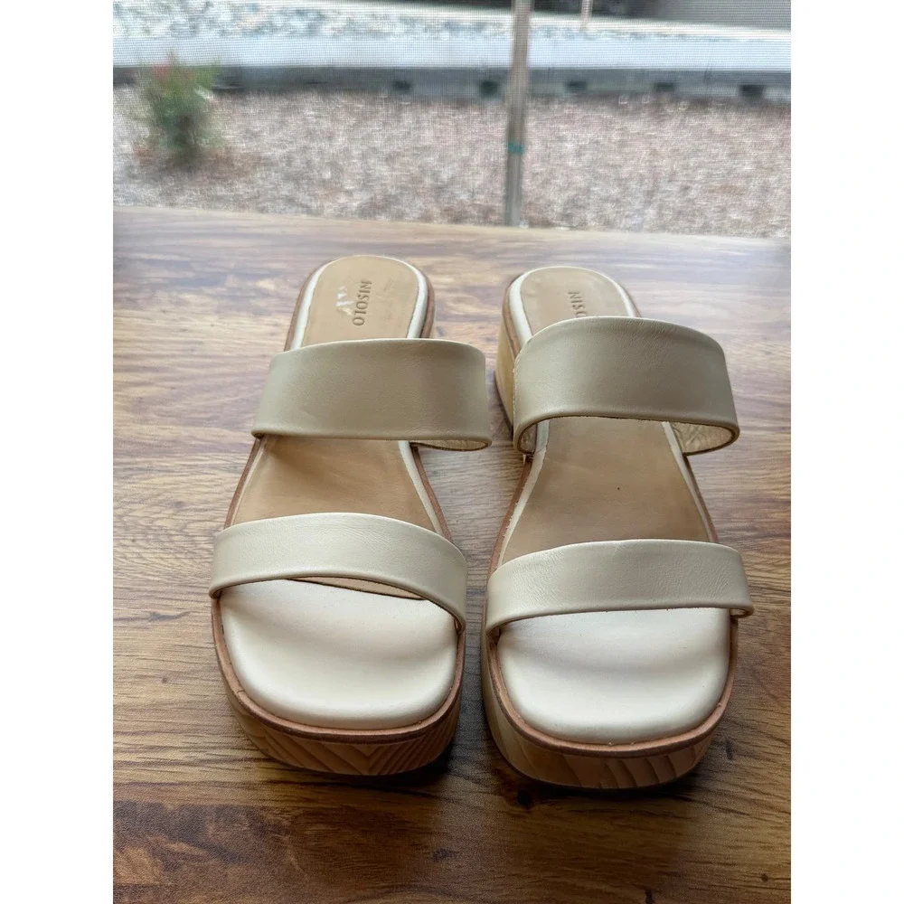 Nisolo Ellie Bone Leather Cream Wood Platform Clogs US 9